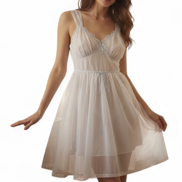Other - VTG 50s White Sheer Nylon Embroidered Nightgown Peignoir Dress - Coquette S/